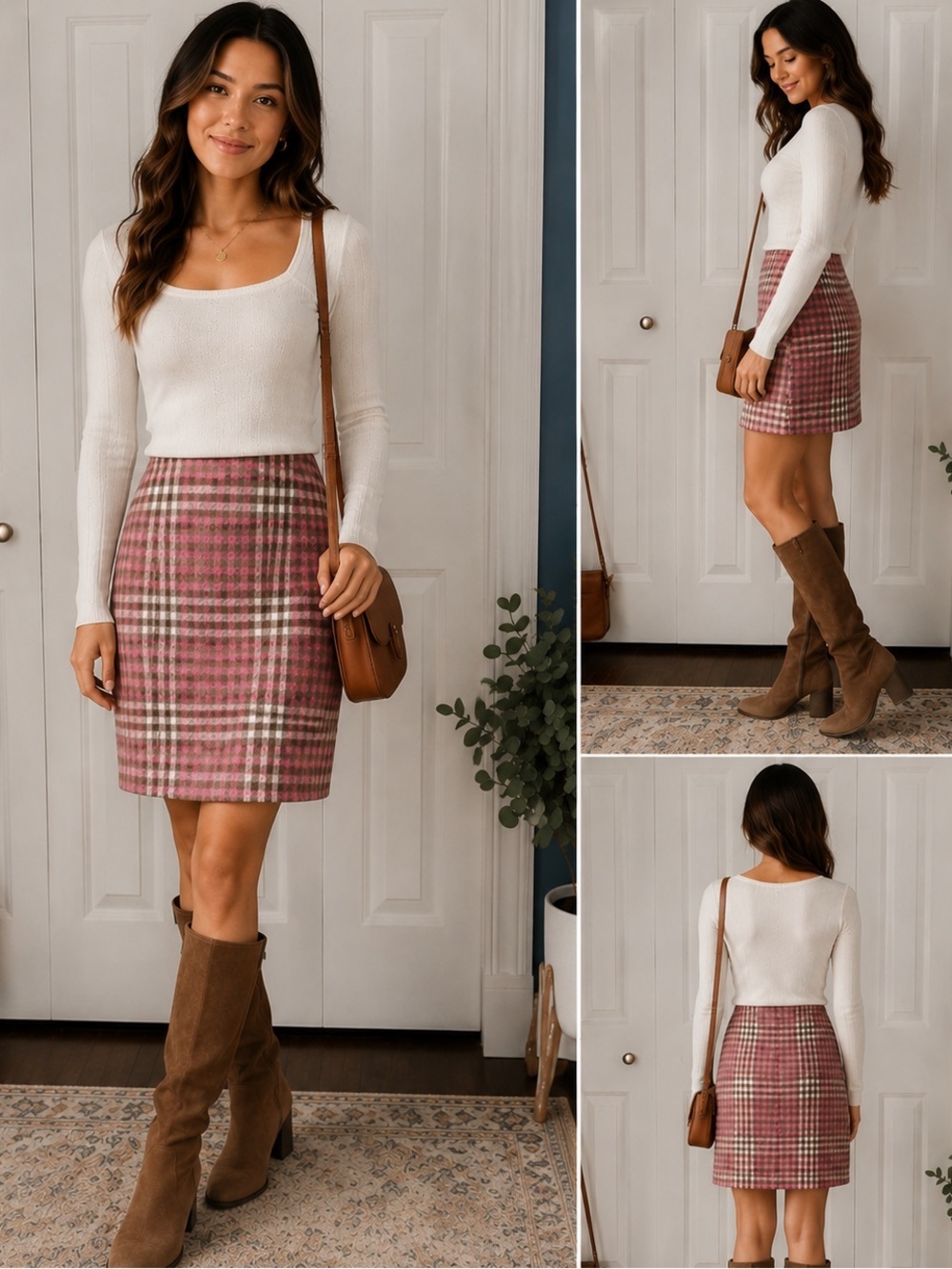 Joie Pink Brown Plaid Mini Skirt Wool Blend Lined Size M Soft Brushed Texture